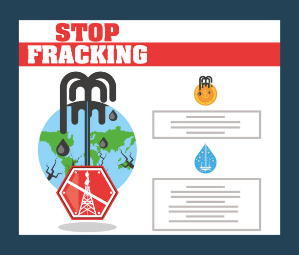 illustrazioni stock, clip art, cartoni animati e icone di tendenza di stop fracking carro di perforazione, processo di fratturazione idraulica - fracking exploration gasoline industry