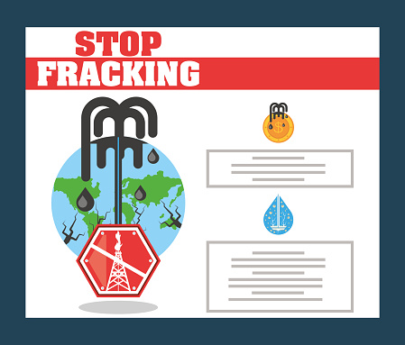 stop fracking drill rig, hydraulic fracturing process vector illustration