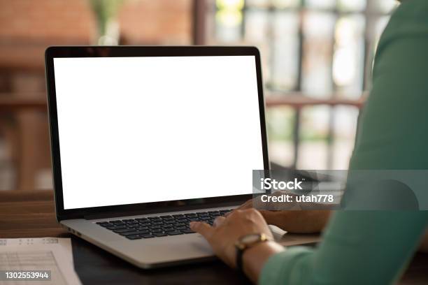 Blank White Desktop Screen Computer Stock Photo - Download Image Now - Women, Template, Laptop