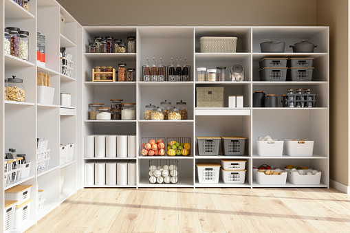 Organised Pantry Items In Storage Room With Nonperishable Food Staples, Preserved Foods, Healty Eatings, Fruits And Vegetables.