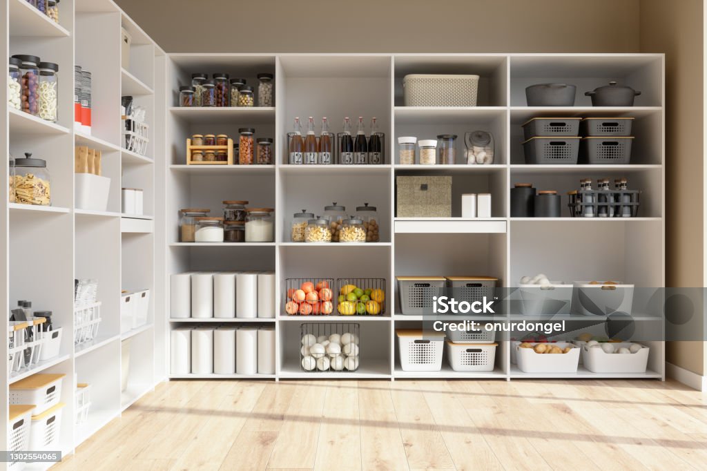 Organised Pantry Items In Storage Room With Nonperishable Food Staples, Preserved Foods, Healty Eatings, Fruits And Vegetables. Organization Stock Photo