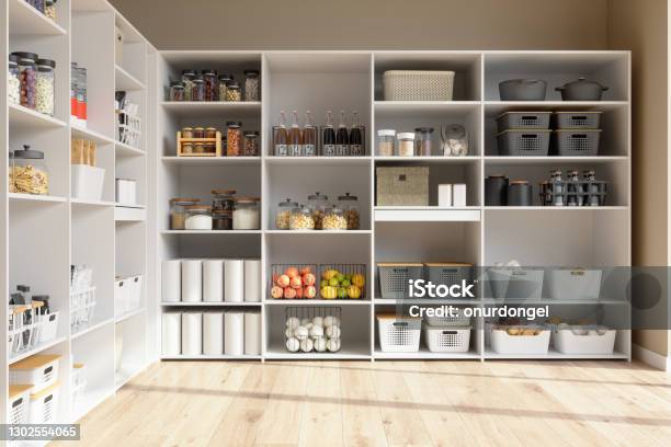 Organised Pantry Items In Storage Room With Nonperishable Food Staples Preserved Foods Healty Eatings Fruits And Vegetables Stock Photo - Download Image Now