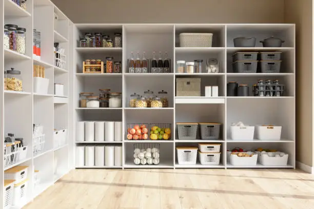 Photo of Organised Pantry Items In Storage Room With Nonperishable Food Staples, Preserved Foods, Healty Eatings, Fruits And Vegetables.
