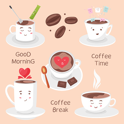 Set With Cute Coffee Cups Stock Illustration - Download Image Now -  Anthropomorphic Face, Cookie, Illustration - iStock