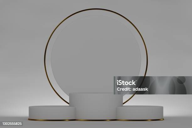3d Render Minimal Abstract Background Empty Podium Vacant Pedestal Modern Stage Showcase Round Gold Frame Cylinder Steps Modern Concept Blank Space Stock Photo - Download Image Now
