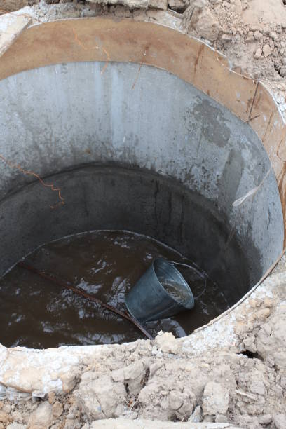 istock concrete well pit with water bucket floating 1302556371