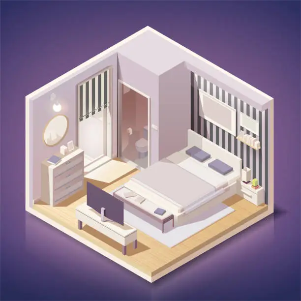 Vector illustration of Modern bedroom interior with furniture  in isometric style