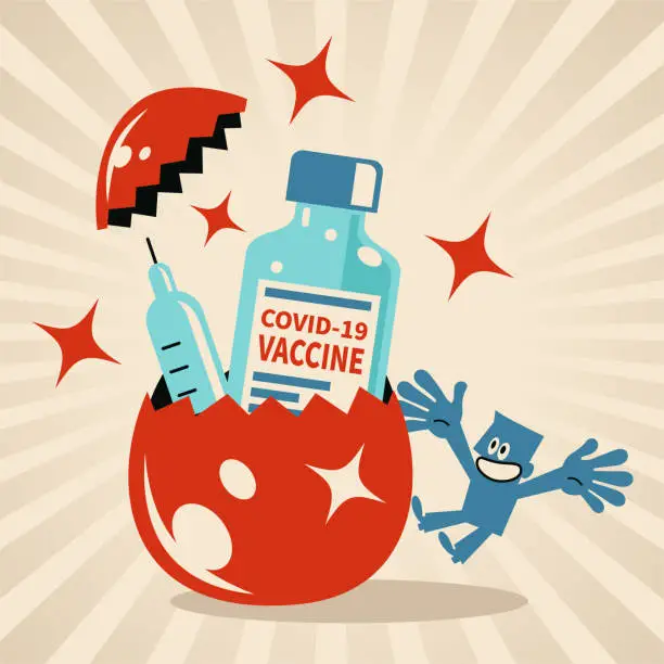 Vector illustration of Happy blue man is happy with the COVID-19 vaccine born from a giant breaking egg