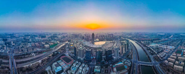 Aerial view Zhengzhou city skyline at sunset,Henan province,China stock photo