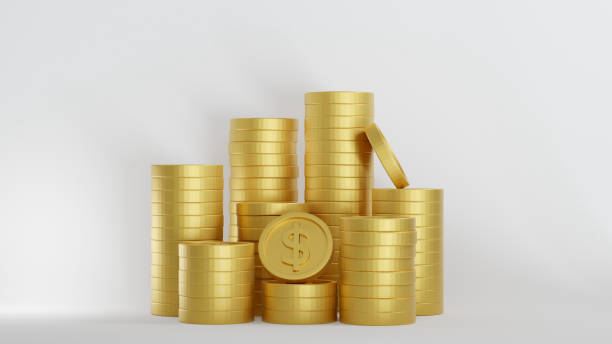 istock Stack of golden dollar coins on white background 1302563233