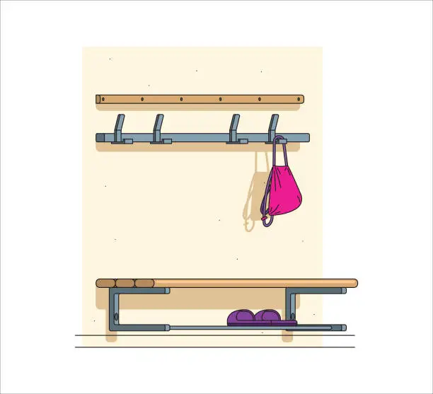 Vector illustration of Schoolbag and school slippers awaiting in the morning for the schoolchildren to change into and start their day. Bag and slipper belonging to a schoolgirl. Leaving things outside the classroom.