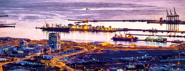 Aerial panoramic view of Table Bay Harbor at dawn stock photo
