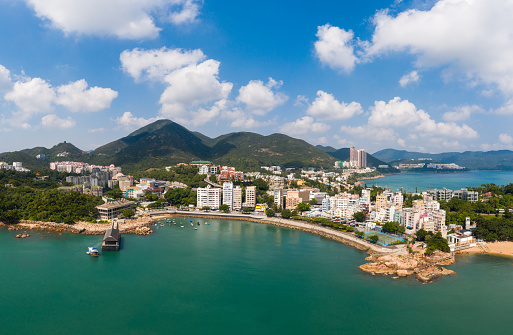Aerial view of the famous Stanley coastal town, a popular tourist destinations in the south of Hong Kong island by the south China Sea in Hong Kong SAR