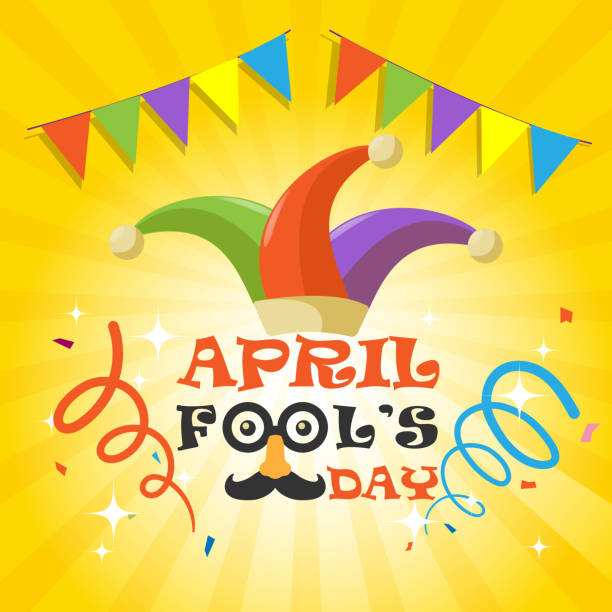 April Fools Day with funny glasses, nose mustache and clown hat. April Fools Day with funny glasses, nose mustache and clown hat on yellow gradient background. april fools day stock illustrations