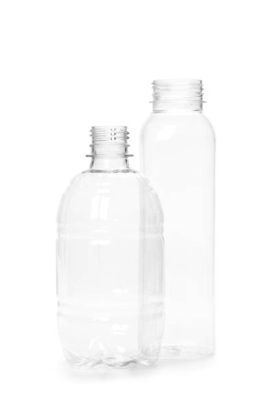 istock two empty new plastic bottle isolated on white background. production of containers 1302570119