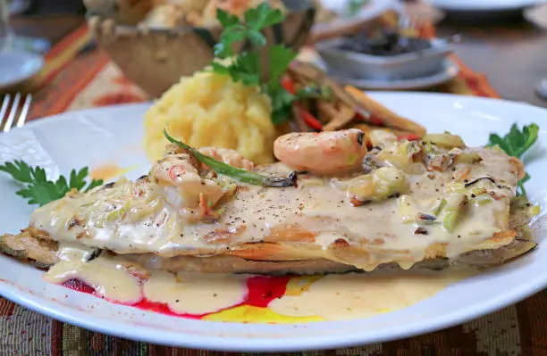 Closeup of Delectable Pan-seared Lake Trout with Creamy Shrimp Sauce