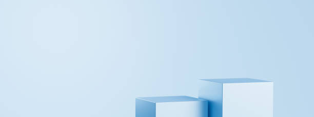 istock Light blue product background stand or podium pedestal on empty display with blank backdrops. 3D rendering. 1302570760