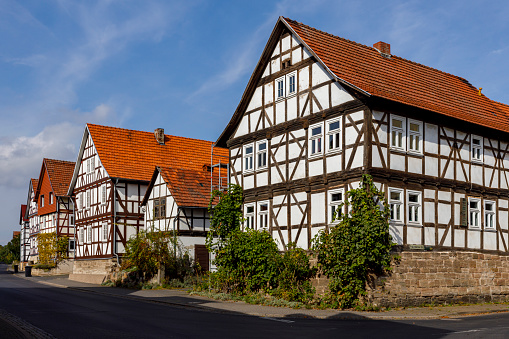 Herleshausen, Hesse, Germany - October 01, 2020: Half timbered houses in the village of Herleshausen in Germany