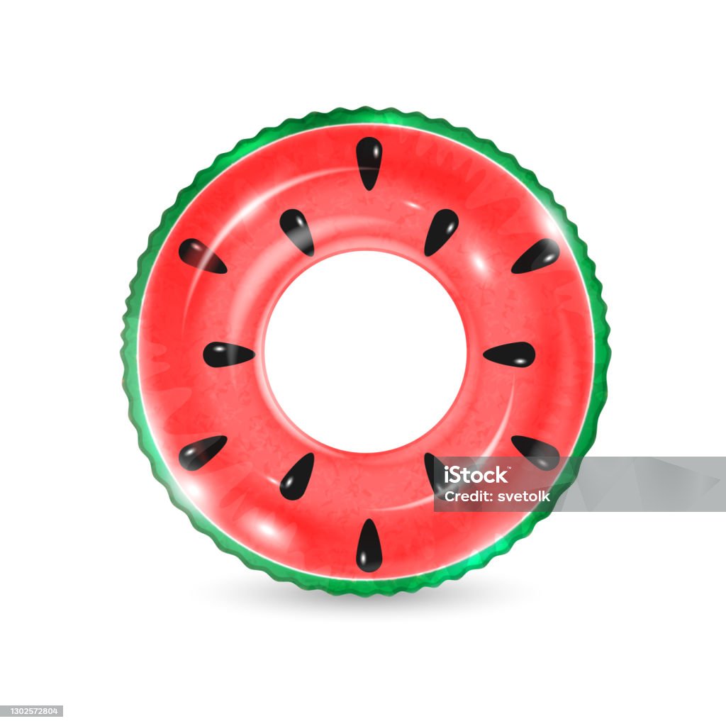 Aufblasbarer Ring sieht aus wie Wassermelone isoliert auf weißem Hintergrund. Realistische bunte Gummi Schwimmboje. Vektor-Illustration der Top-Ansicht am Pool Schwimmer in Fruchtform, Strandspielzeug - Lizenzfrei Schwimmring Vektorgrafik