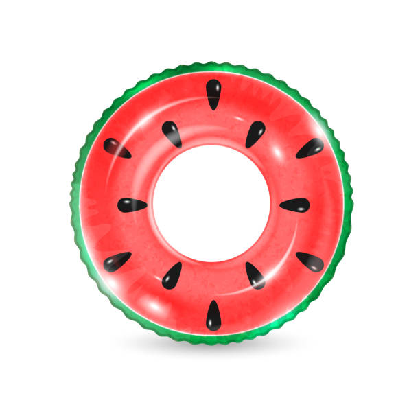 흰색 배경에 고립 된 수박처럼 보이는 팽창식 링. 사실적인 다채로운 고무 수영 부표. 과일 모양, 해변 장난감 풀 플로터에서 상단 보기의 벡터 그림 - inflatable stock illustrations
