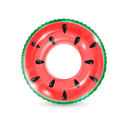 Inflatable ring looking like watermelon isolated on white background. Realistic colorful rubber swimming buoy. Vector illustration of top view at pool floater in fruit shape, beach toy.