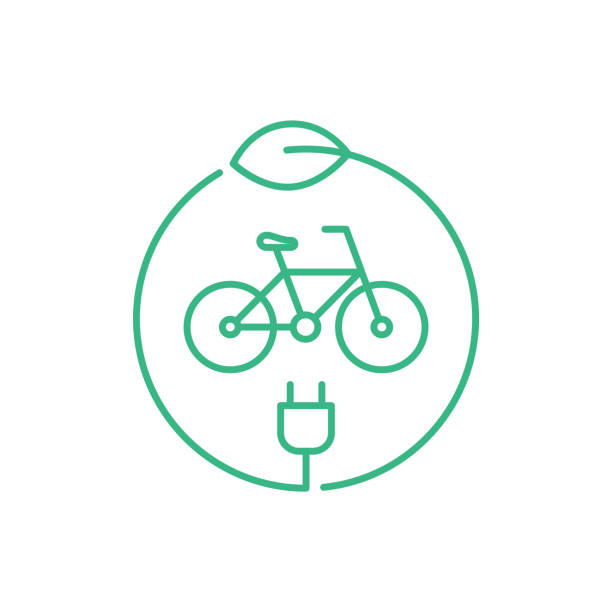 illustrazioni stock, clip art, cartoni animati e icone di tendenza di icona della linea del logo della bici elettrica. segno di e-bike. - bicicletta elettrica
