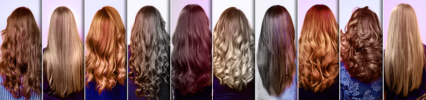 collage with many hairstyles of women with long curly and straight hair, styles with bright highlights