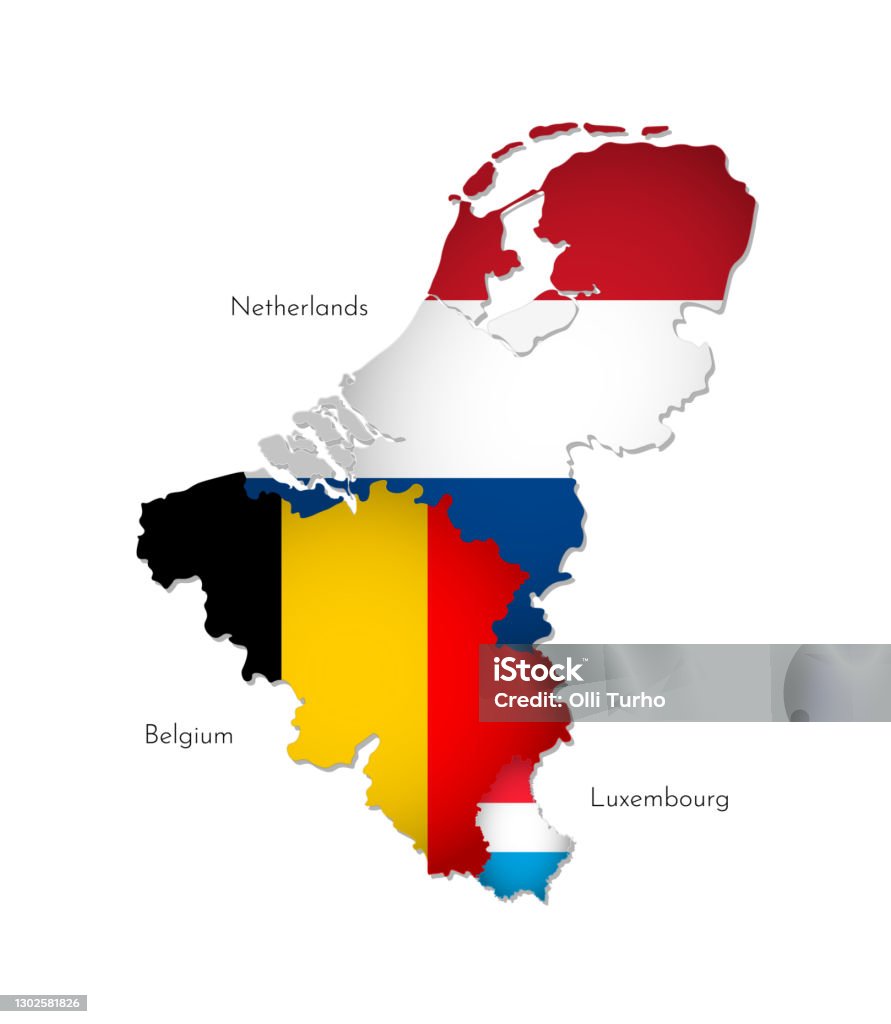 Ilustração vetorial com silhuetas isoladas da União Benelux no mapa (forma simplificada). Bandeiras nacionais da Bélgica, Holanda, Luxemburgo. Fundo branco e nomes de países - Vetor de Benelux royalty-free