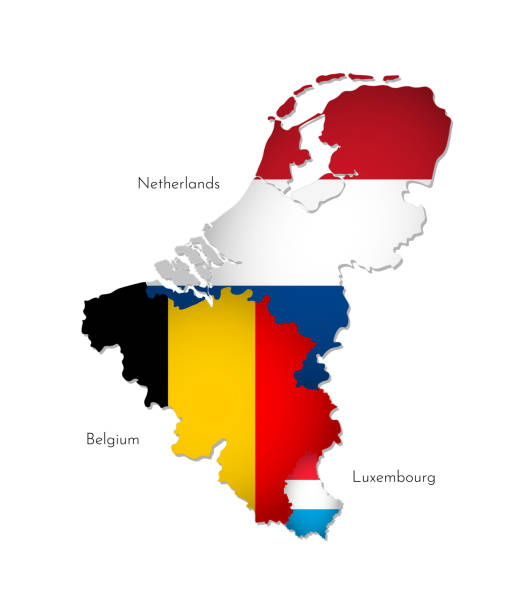 Vector illustration with isolated silhouettes of Benelux Union on map (simplified shape). National flags of Belgium, Netherlands, Luxembourg. White background and names of countries Vector illustration with isolated silhouettes of Benelux Union on map (simplified shape). National flags of Belgium, Netherlands, Luxembourg. White background and names of countries benelux stock illustrations