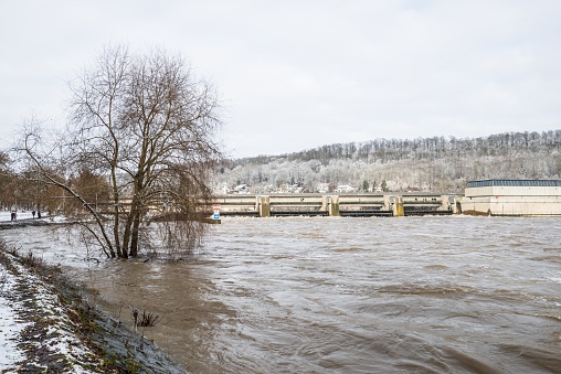 Flood of the Danube River in winter 2021 in Regensburg, Germany