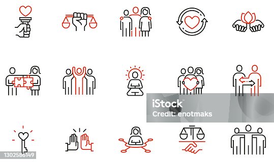 istock Vector Set of Linear Icons Related to Harmony to Relationships, Interaction, Joint Development and Equality. Mono Line Pictograms and Infographics Design Elements - part 2 1302586149