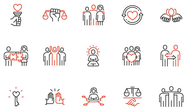 Vector Set of Linear Icons Related to Harmony to Relationships, Interaction, Joint Development and Equality. Mono Line Pictograms and Infographics Design Elements - part 2 Vector Set of Linear Icons Related to Harmony to Relationships, Interaction, Joint Development and Equality. Mono Line Pictograms and Infographics Design Elements - part 2 human rights stock illustrations