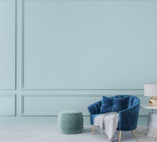 istock Home interior mockup with blue armchair, marble table and tiffany blue wall decor in living room 1302586607