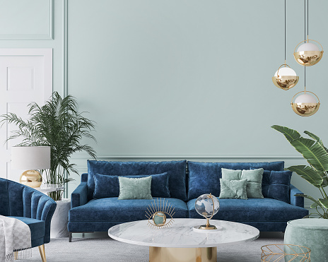 Home interior mockup with blue sofa, marble table and tiffany blue wall decor in living room, 3d render