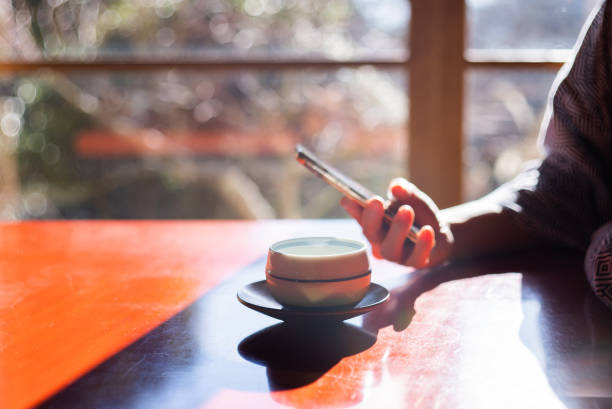 istock A woman using a smartphone at a Japanese-style inn on vacation. 1302586644
