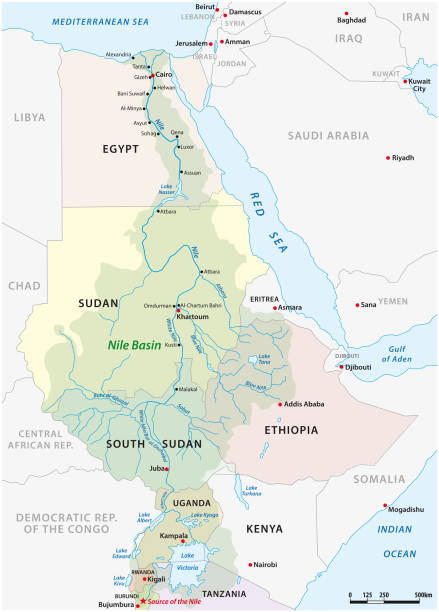 illustrazioni stock, clip art, cartoni animati e icone di tendenza di mappa vettoriale del bacino del nilo - republic of the sudan