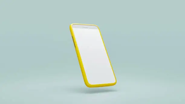Mobile phone in yellow case Mock-Up on Blue pastel background. 3D Render.