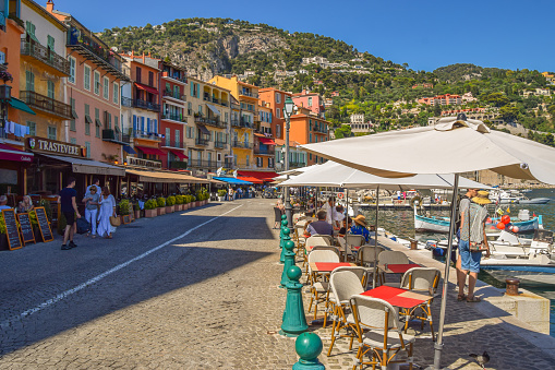 Villefranche-Sur-Mer, France: August 4 2019: view of the restaurants in the marina.