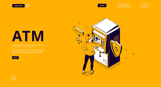 Atm, automated teller machine isometric landing page. Woman enter password for operation or money withdraw. Banking terminal for finance service and currency transaction. 3d vector line art web banner