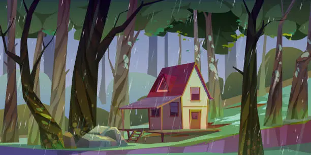 Vector illustration of Wooden stilt house summer forest in rainy weather.