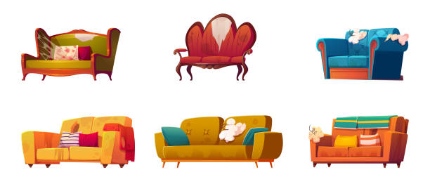 Old dirty couches with torn upholstery and springs Old dirty couches with torn upholstery and sticking springs. Vector cartoon set of broken furniture for living room, old sofas with pillows and spiderweb isolated on white background upholstered armchairs stock illustrations