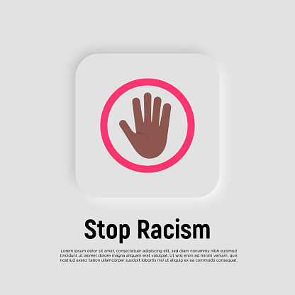 No racism flat icon. Hand gesture stop by palm. Stop discrimination. Tolerance. Vector illustration.