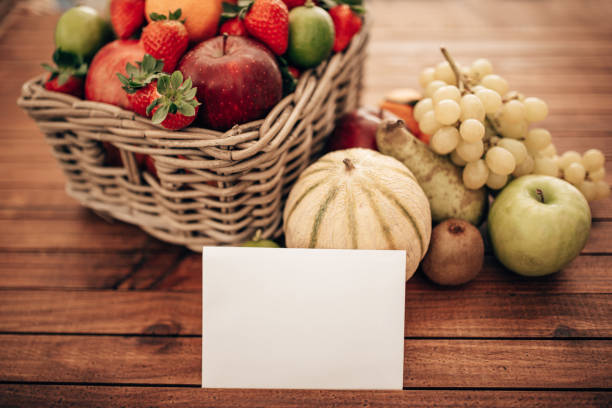 basket of raw fruit with blank card