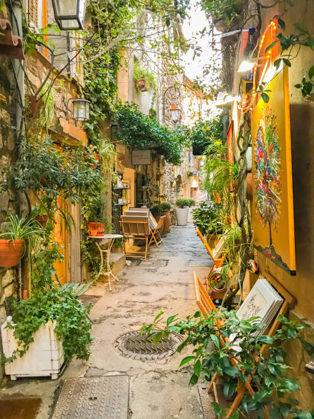 Mougins Village, South of France Mougins, France - November 16 2019: A narrow street with galleries and ateliers in Mougins Village close to Cannes, Cote d'Azur biot stock pictures, royalty-free photos & images