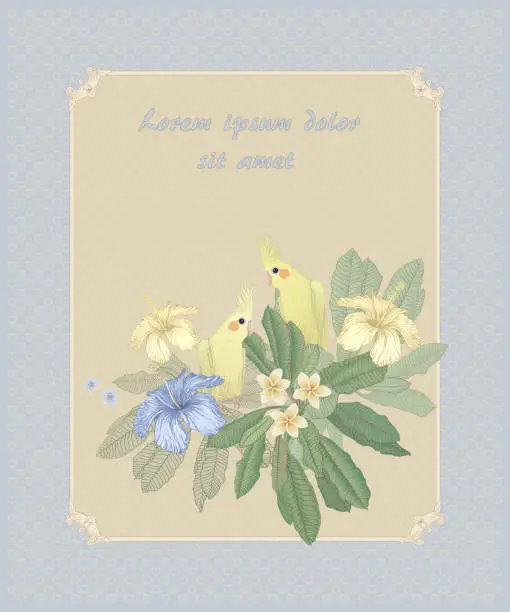 Vector illustration of Vector illustration of two yellow Cockatiel parrots with tropical foliage and flowers in vintage frame on beige and bkue background. Mother day greeting card, wedding invitation