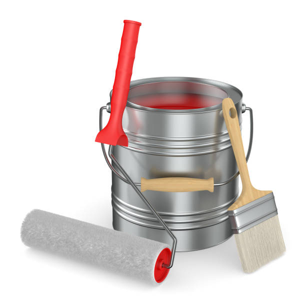 istock roller brush and can with colour on white background. Isolated 3D illustration 1302591042