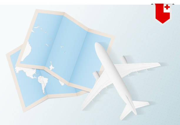 istock Travel to Tonga, top view airplane with map and flag of Tonga. 1302591089