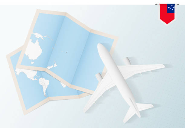 istock Travel to Samoa, top view airplane with map and flag of Samoa. 1302591796