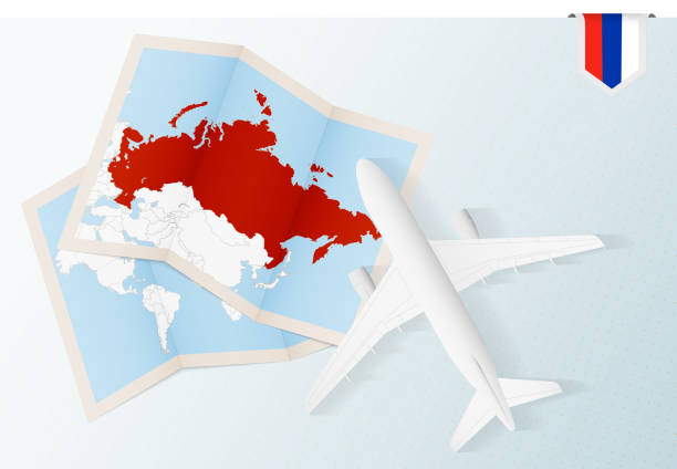 Travel to Russia, top view airplane with map and flag of Russia. Travel to Russia, top view airplane with map and flag of Russia. Travel and tourism banner design. eurasia stock illustrations