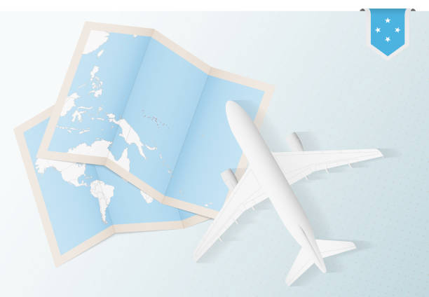 istock Travel to Micronesia, top view airplane with map and flag of Micronesia. 1302592919